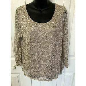 NY Collection Womens long sleeve blouse shirt NEW Size Large Dark Beige Silver